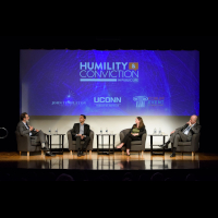 David Gergen, Rabbi Melissa Weintraub of Resetting the Table, Eboo Patel, John Dankosky on stage at Faith & Politics event