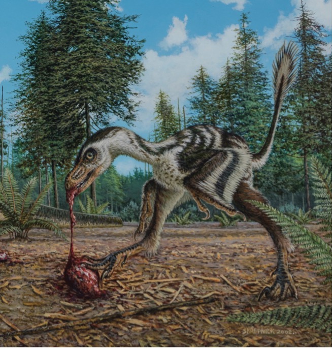 A closer look at Michael Skrepnick's illustration of the Bambiraptor scavenging a meal from the remains left by a Gorgosaurus librates which is depicted in the background. 