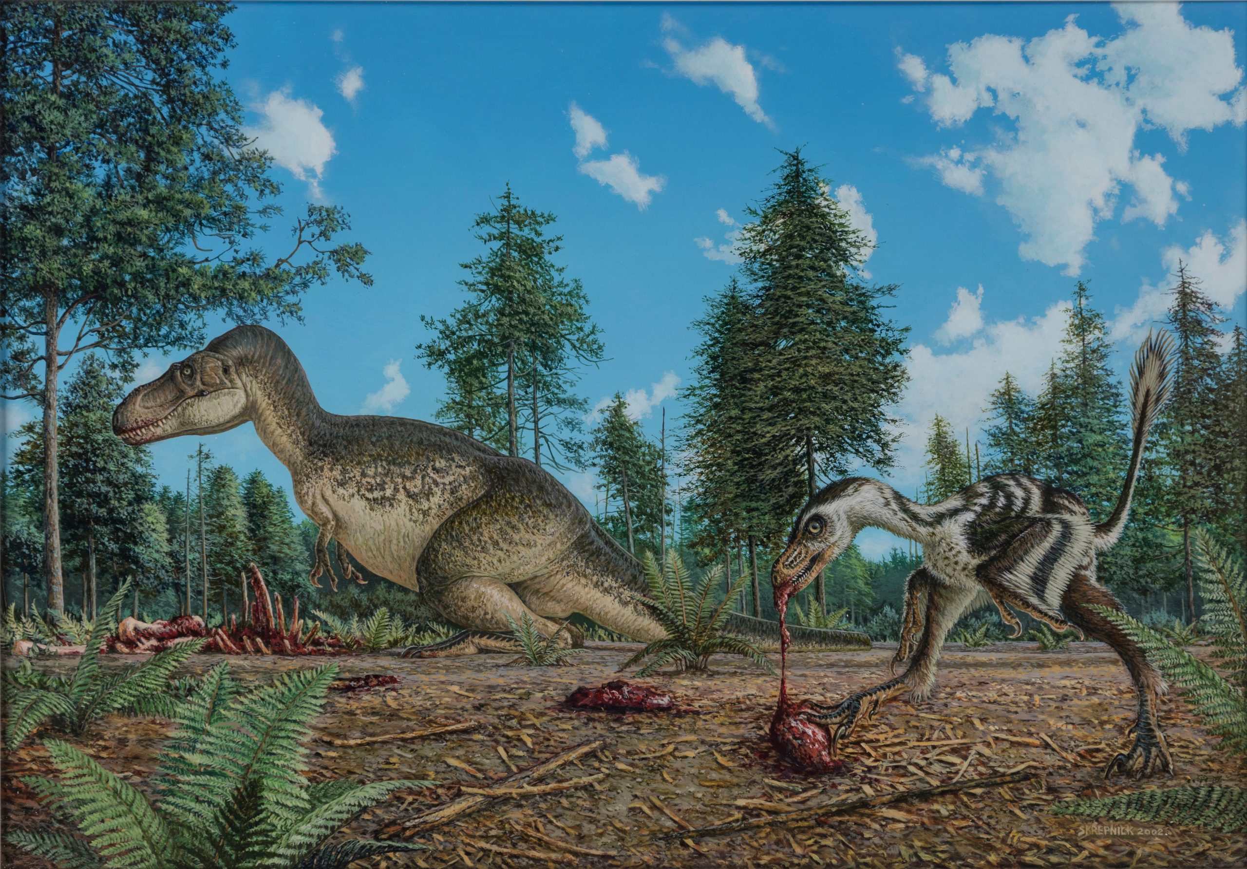 Illustration by artist Michael Skrepnik of the <i>Bambiraptor</i> in its imagined environment.