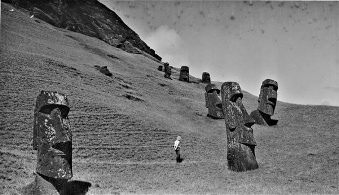 Asaeda walking on Rapa Nui among the Moai.