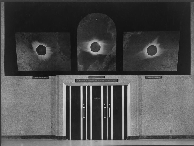 Large tryptic of solar eclipses painted by Butler and included in the Hayden Planetarium. 